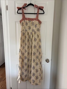Cream Floral Midi Dress with Tie-Strap Accent